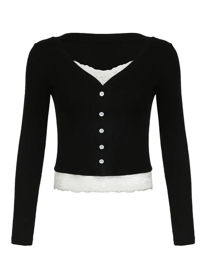Contrast Lace Patchwork Cute Y2K Slim Long Sleeve Black T-Shirts Women Button Up V Neck Basic Spring Autumn Tee