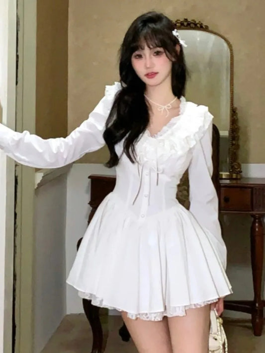Elegant White Short Dresses for Women Lace Ruffles V-neck A-line Birthday Party Dress Korean Korean Y2K One Piece Mini Vestido