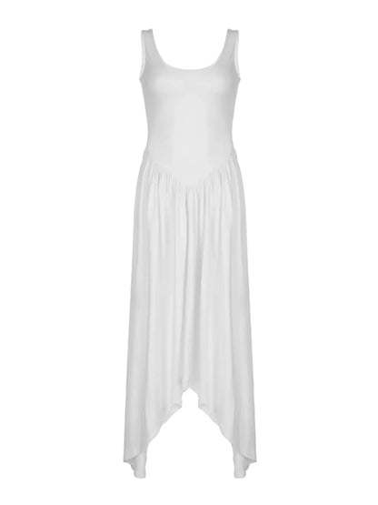 Solid Basic Sleeveless U Neck Asymmetrical Hem Long Dresses Women Casual Summer Vacation Clothing