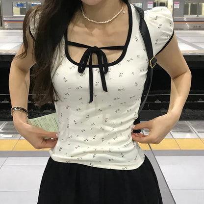 Voguable  Y2K Floral Print T-shirt Contrast Color Lace-up Square Collar Short Sleeve Tops French Style Cute Tees