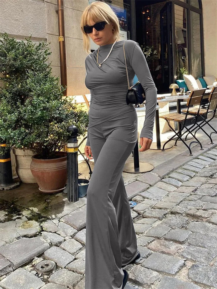 Fashion Autumn 2 Piece-Set Female Flared Pants Streetwear Slim Pleated Long Sleeve Casual Outfits Women’s Pants Sets