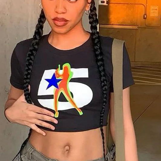 Y2K Summer Digital Printed Women’s Top Street Trend Slim Fit Open Navel T-shirt for Women
