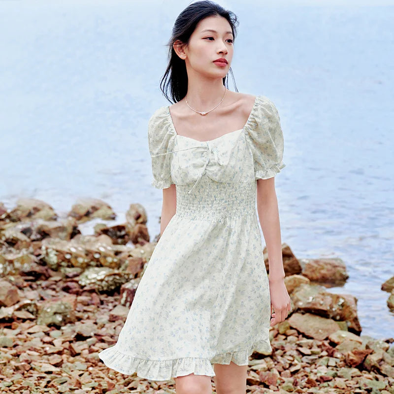 Ruffled Hem Chiffon Mini Skirt Women Floral Print Short Dress  New Square Neck Waist-drawing Romantic Dress