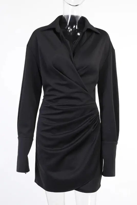 Lapel Pleated Slim Mini Dress