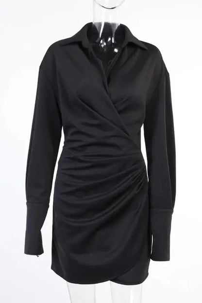 Lapel Pleated Slim Mini Dress