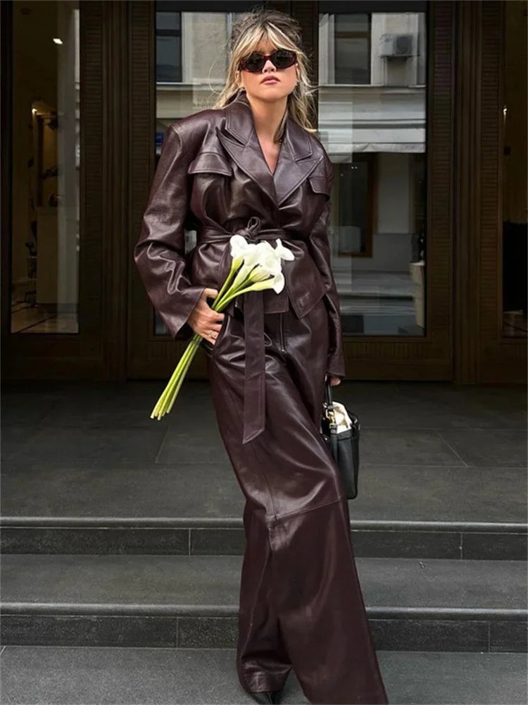 Vintage PU 2 Piece-Set Trousers Female Lace-Up Pocket Fashion Outwear Streetwear Autumn  Patchwork Women’s Pants Sets