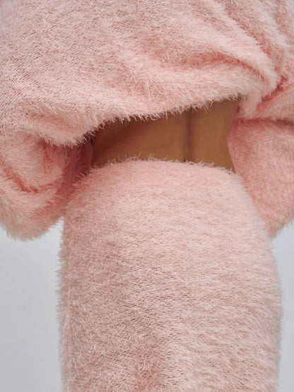 TRAUXY Autumn Winter Plush Knitted Suit Women’s Long Sleeve O-Neck Pullover Top Long Skirts Two Piece Sets Solid Female Elegant