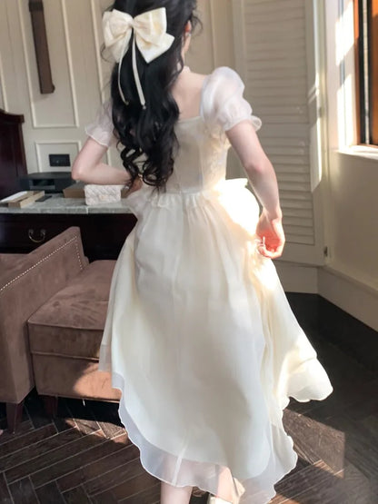 Elegant Princess Birthday Party Dress Puff Sleeve Lace-up A-line Midi Dresses for Women Square Collar Prom Robe Vestidos Mujer