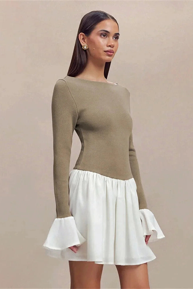 Patchwork High Waist Mini Dress with Long Sleeves