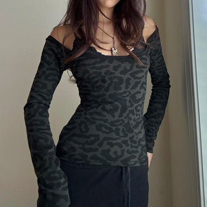 Vintage Animal Patterns Lace Strappy T-shirt Off Shoulder Sexy Fitted Cropped Top Y2K Long Sleeve Tee Street Outfits