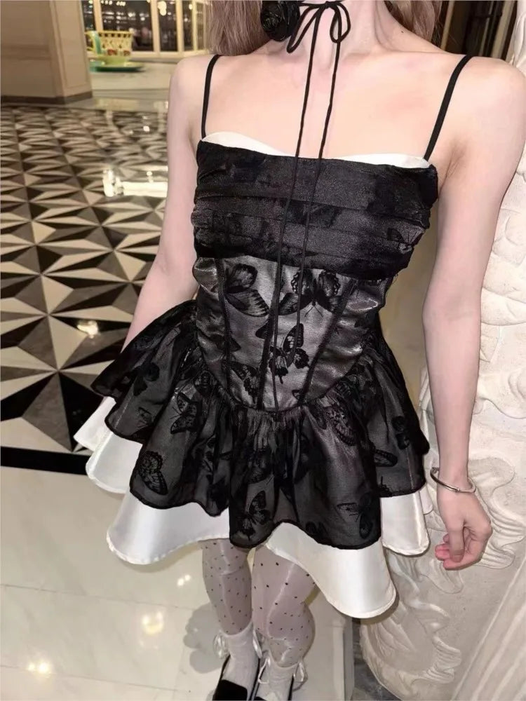 Y2K Spaghetti Strap Lace Patchwork Ruffles A-line Short Dresses for Women Summer Party Dress Korean Fashion One Piece Vestido