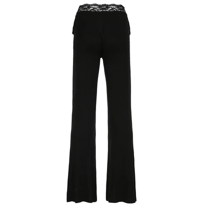 Solid Lace Trim High Waist Flared Pants Hotsweet Y2k Women s Trendy Basic Fashion Trousers Casual