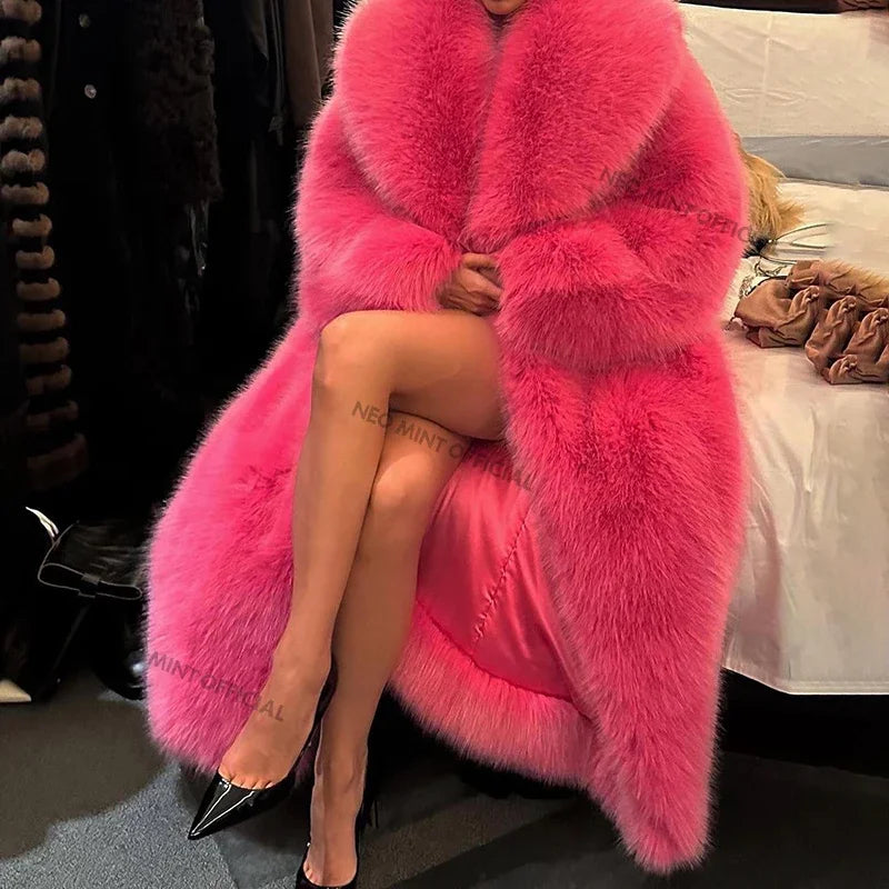 Women Luxury Brand Runway Fashion Long Hooded Faux Fur Coat Jacket Ins Nicki Minaj Neon Green Chunky Overcoat Outerwear