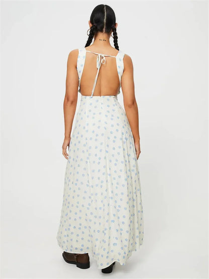 V-neck Lace-up Sleeveless Floral Dress