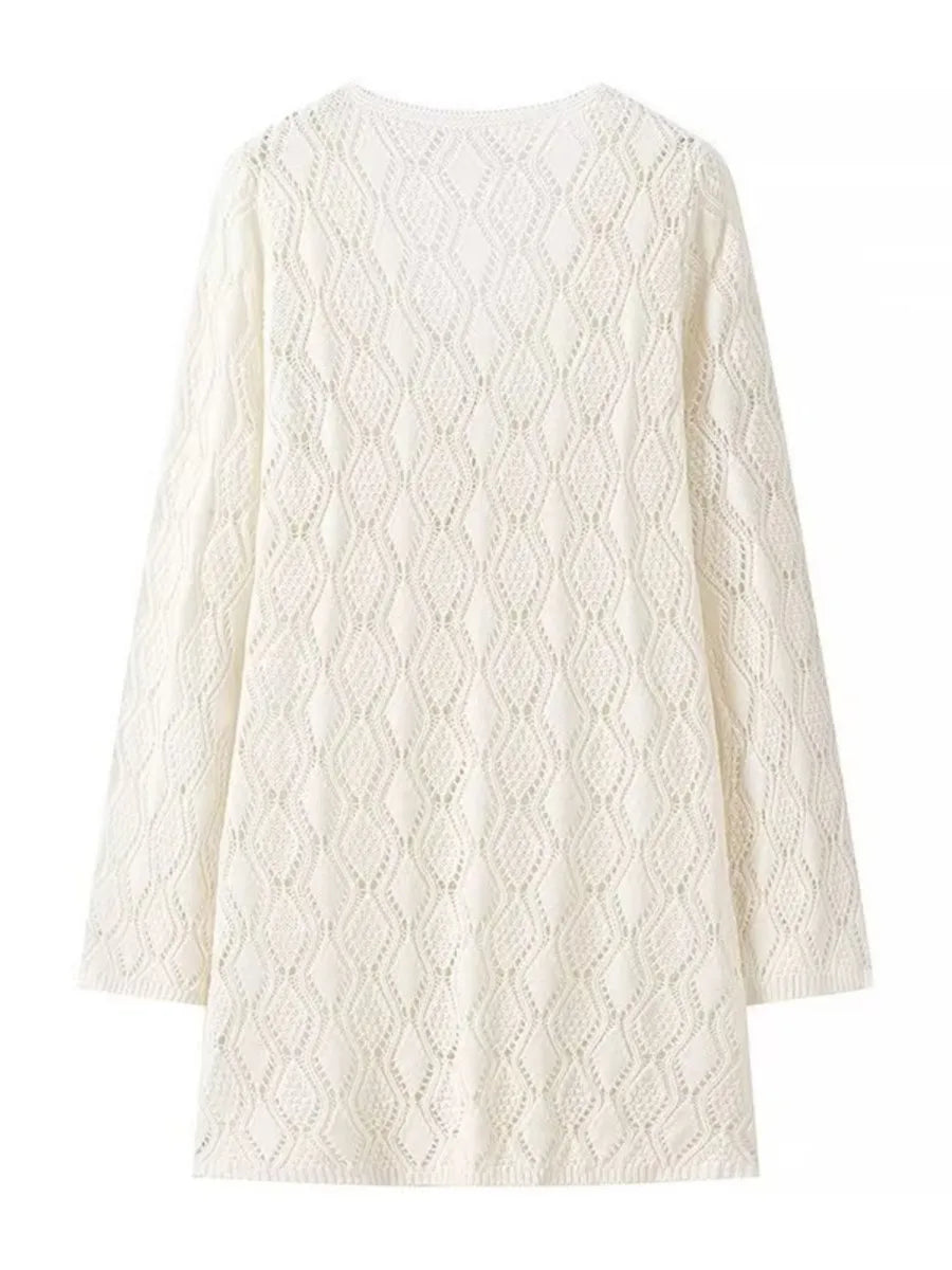 Solid Hollow Out Knitted Beach Dress Women 2024 New V Neck Long Sleeve Lace-up Vestidos Summer Sexy Fashion Holiday Mini Dresses