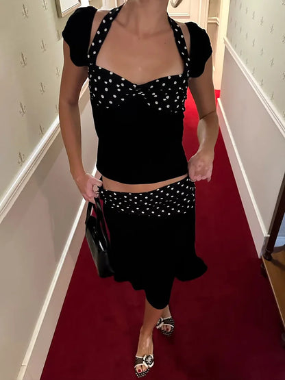 Women’s Skirt Two Pieces Set Fashion Halter Neck Short Sleeve Top Polka Dot Print Patchwork Skirt Suit Casual Lady Outfit