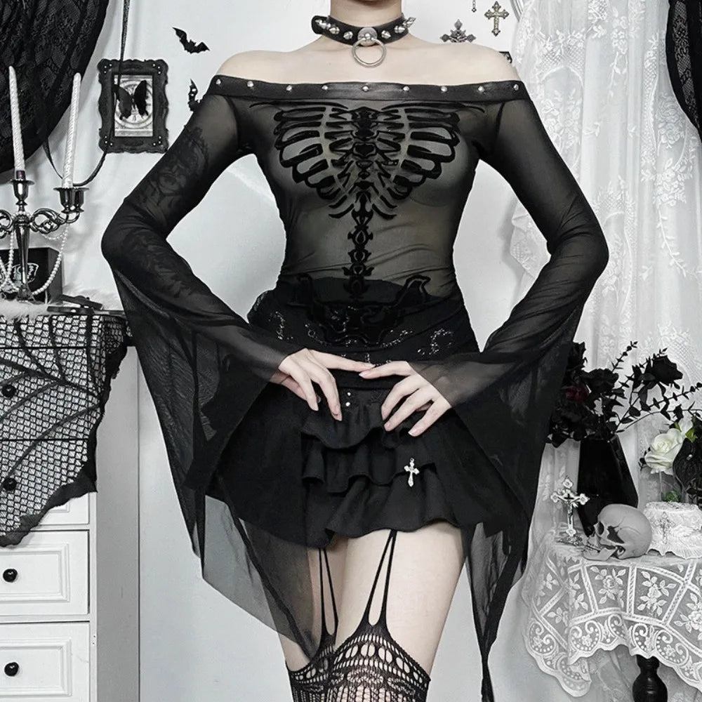 Flocked Skull Print Bell Sleeve  Mesh Top