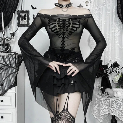 Flocked Skull Print Bell Sleeve  Mesh Top