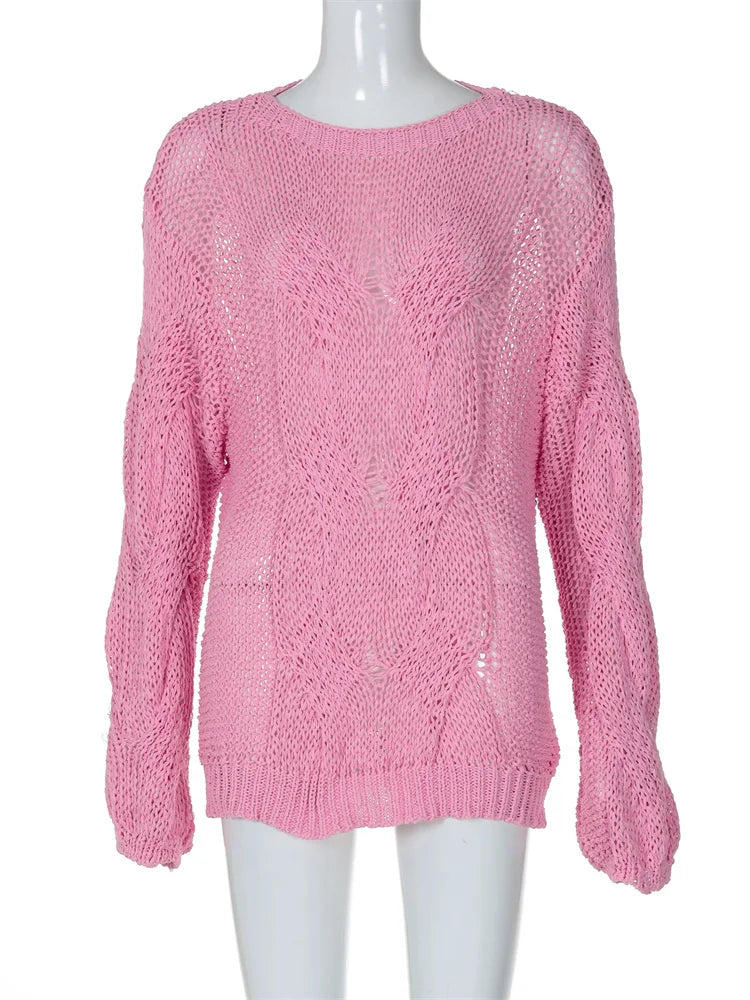 Casual Knitwear Sweater Pullover Female Loose Fashion See-Through Autumn  Beach Holiday Clothes Women’s Knit Pullover