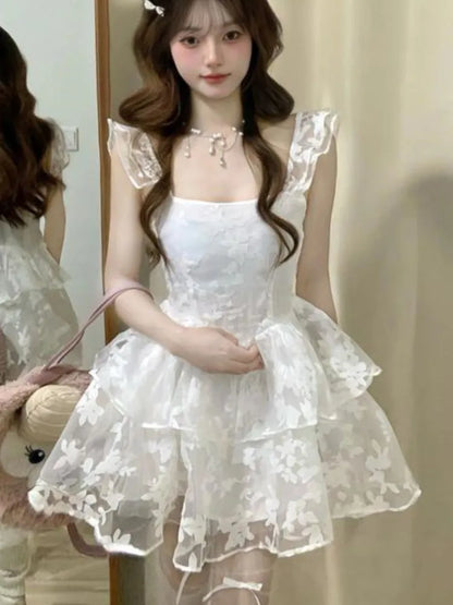 Elegant Princess Party White Dress Sleeveless Summer New Y2K Ruffles A-line Short Dresses for Women Korean One Piece Vestido