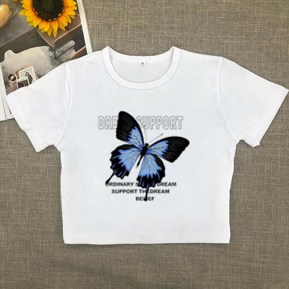 Full-shoulder cotton short-sleeved T-shirt women  summer new spice girls high waist slim short crop clothes sweet and spicy