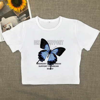 Full-shoulder cotton short-sleeved T-shirt women  summer new spice girls high waist slim short crop clothes sweet and spicy