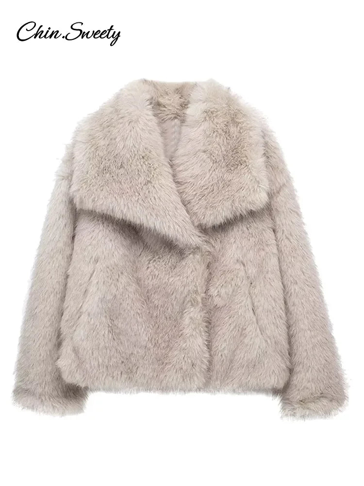 Winter Gradient Faux Fur Coat Women Luxury Big Fur Collar Pockets Loose Jacket Female  Fashion Lady High Street Overcoats