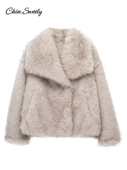 Winter Gradient Faux Fur Coat Women Luxury Big Fur Collar Pockets Loose Jacket Female  Fashion Lady High Street Overcoats