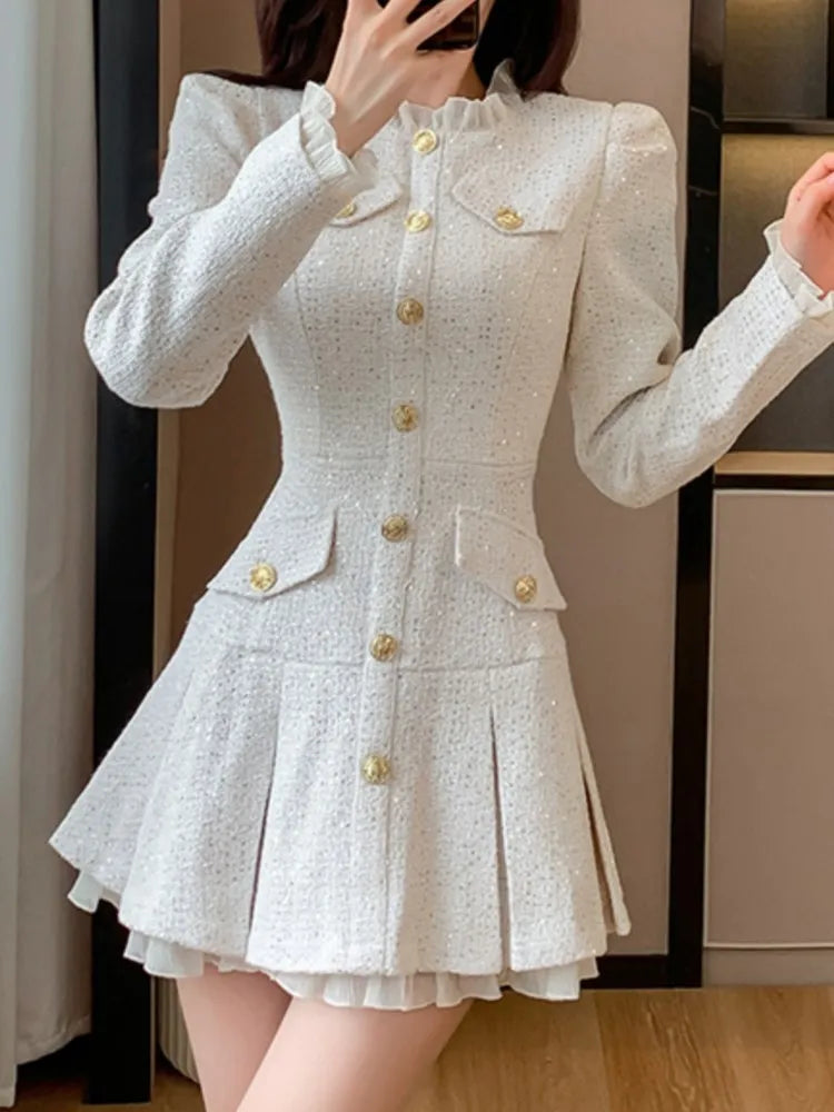 Women Fashion Tweed Plaid Short Dress Autumn Winter New Spliced Pleated Single Breasted Vestidos Female Elegant Chic Clothes