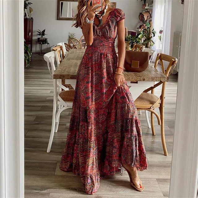 Bohemian Print Long Dresses Women V-neck Elastic Waist Short Sleeves Casual Vacation Style Dress Female Trendy Vintage Vestidos