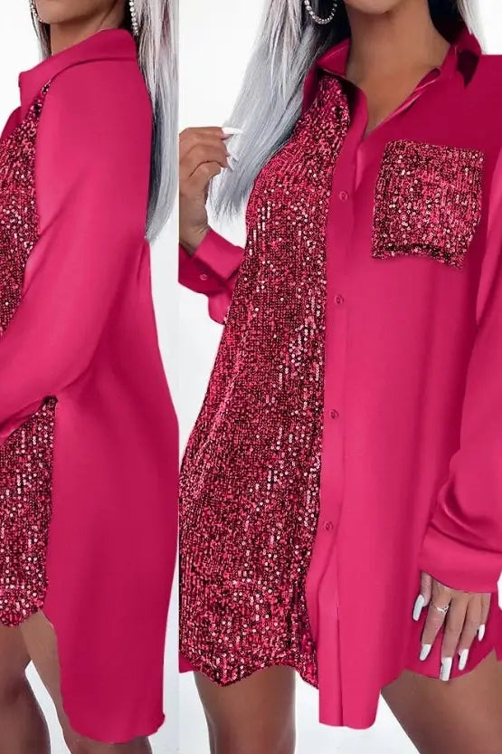 Sequin Pocket Shirt Mini Dress