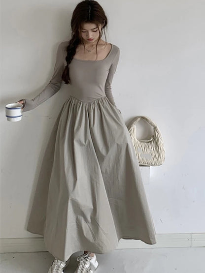 Casual Knitted Midi Dresses for Women Solid Long Sleeves Square Collar A-line Autumn New Elegant Dress Female Slim Vestidos