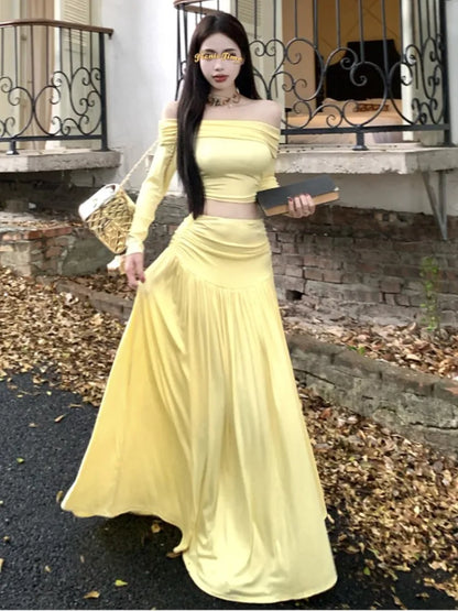 Autumn Women’s Solid Two-piece Skirt Set Slash Neck Cropped Top High Waist Long Skirt Korean Fashion Ladies Outfits Streetwear