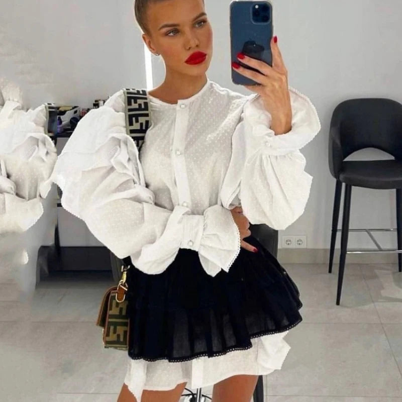 Ruffled Flare Sleeve Shirt Dress For Women With High Waisted Shorts Contrast Color Patchwork Mini Party Dress Autumn New