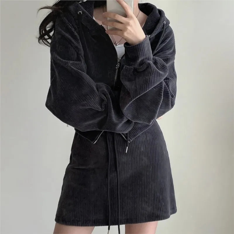 Korean CHic Corduroy Two-piece Skirt Sets Women Hoodie Crop Top Coats Bodycon Mini Skirt Autumn Winter New Outfits Casual Suit