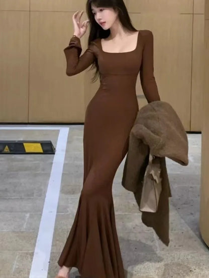 Autumn Fashion Long Dresses for Women Long Sleeves Square Collar Korean Style Slim Fit Mermaid Elegant Basic Solid Vestidos New