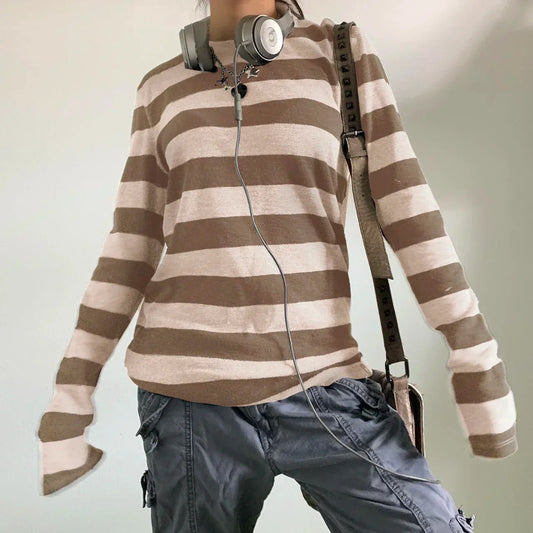 y2k Aesthetic T Shirt  Grey Striped Long Sleeve Tops Gothic E Girl Punk Dark Academia Clothes Streetwear