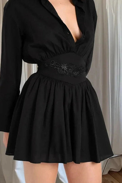 Pleated Long Sleeve A-Line Mini Dress