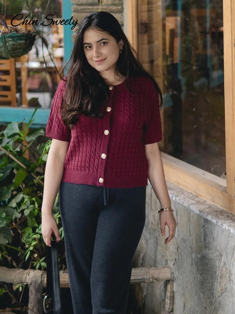 Knitted Single Breasted Cardigans Women Solid O-neck Short Sleeve Ribbed Sweaters Female  Fashion New Slim Ladies Casual Top