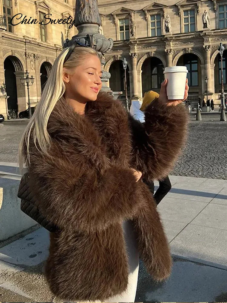 Luxury Brown Faux Fur Coats Women Fashion Full Sleeve Lapel Long Warm Jacket  Winter Fluffy Thick High Street Outerwear New
