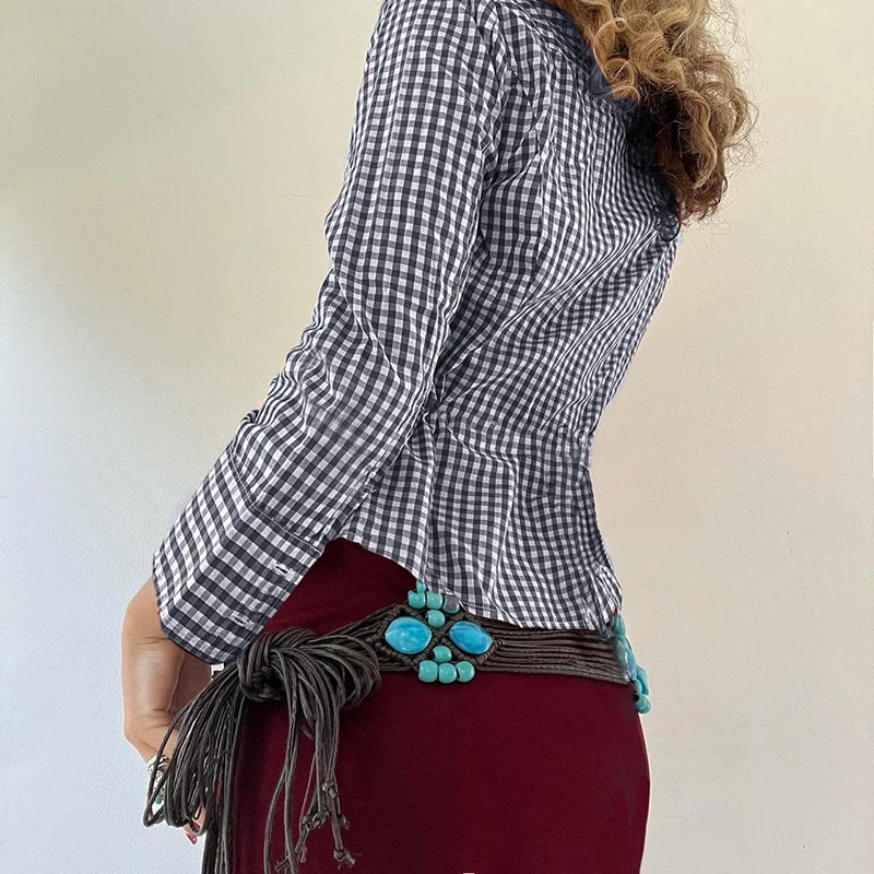 Y2K Women Turn-down Collar T-shirt Button Up Long Sleeve Vintage Slim Tee Fashion Outfits Autumn Casual Top Ladies