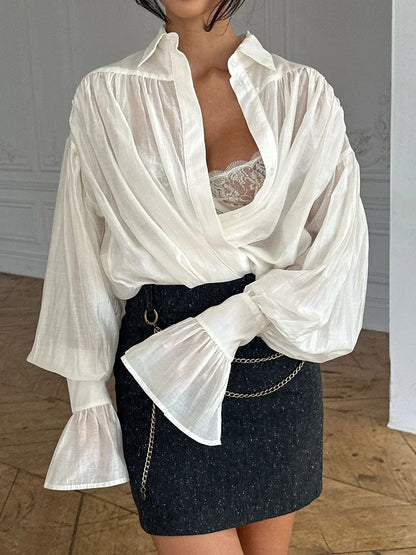 Casual Loose See-Through Shirts Women’s Autumn Lapel Long Sleeve Patchwork Blouse Top Streetwear Female Solid Shirts Top
