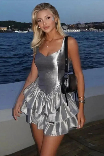 V Neck Straps Sleeveless Mini Dress