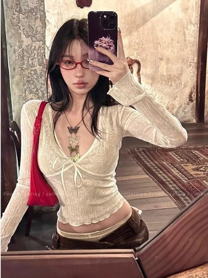 Coquette Aesthetic Mesh T Shirts Vintage V Neck Lace Bow Cropped Tops Y2k Slim Fit Long Sleeve Tee Shirts