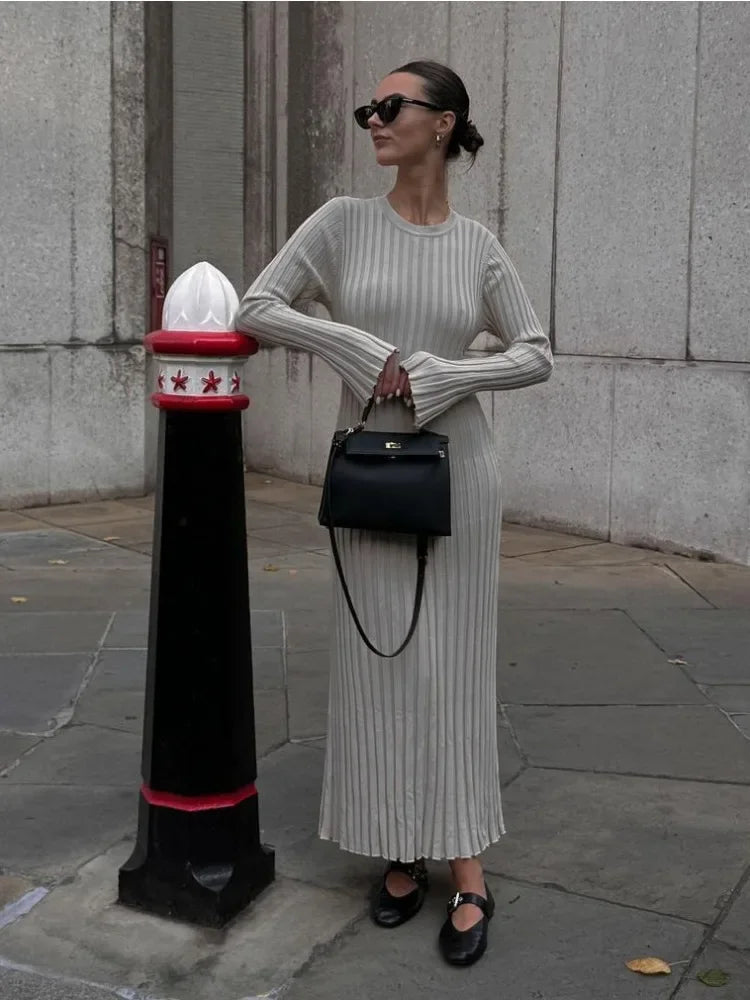 Fall Winter New Knitted Long Dress Female Casual Slinky High Waist Rib Sweater Bodycon Dresses Lady Holiday Party Outfits