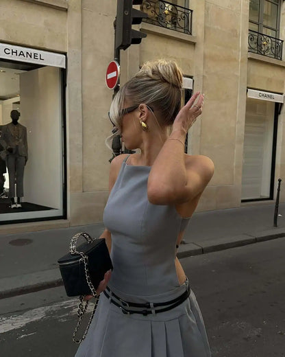 High Street Backless Bandage Pleated Dress Women Sexy Slit Sleeveless Bodycon Mini Dress 2025 New Summer Party Dress Streetwear