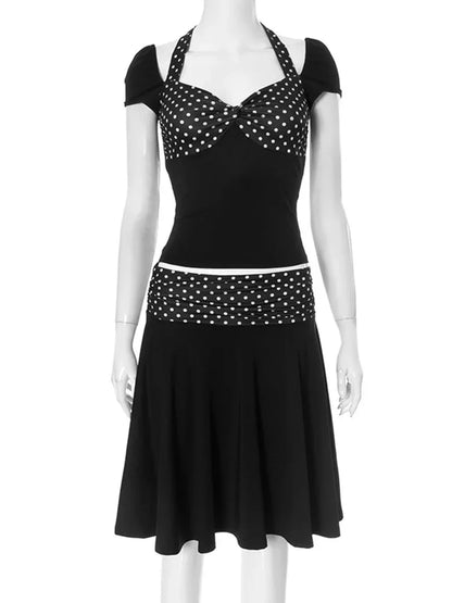 Women’s Skirt Two Pieces Set Fashion Halter Neck Short Sleeve Top Polka Dot Print Patchwork Skirt Suit Casual Lady Outfit