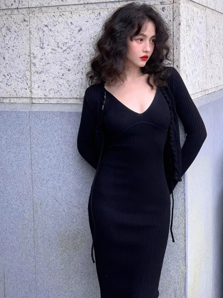 Vintage Chic Knitted 2-piece Dress Set Women Crop Cardigan V-neck Spaghetti Strap Bodycon Midi Dress Autumn New Female Clothing