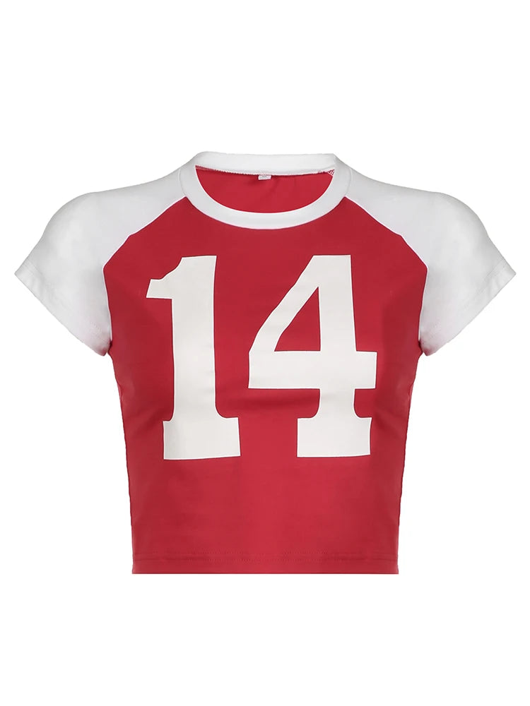 Christmas American Retro Casual Tee Contrast Patchwork Letter Print Sporty Football Jersey O Neck Short Sleeve Summer Crop Tops