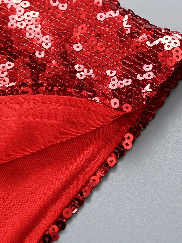 Odalys One Shoulder Red Sequin Mini Dress with 3D Flowers